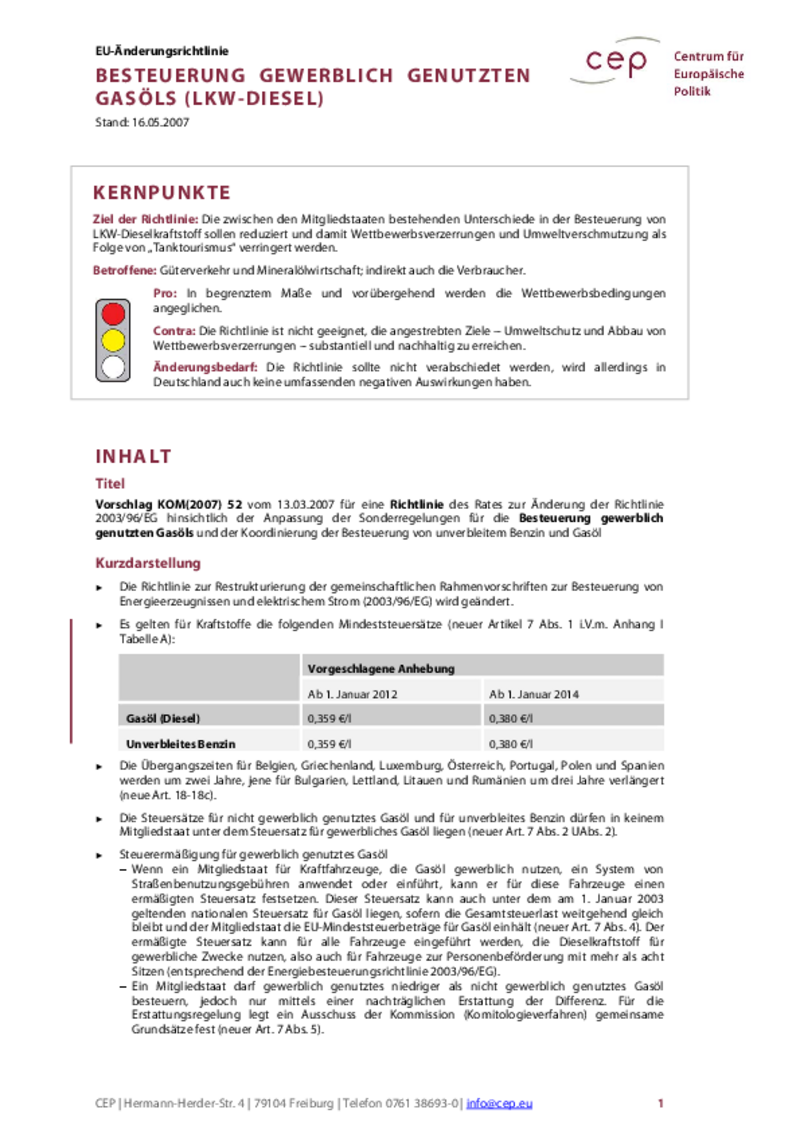 Besteuerung gewerblich genutzten Gasöls (Lkw-Diesel) KOM(2007) 52