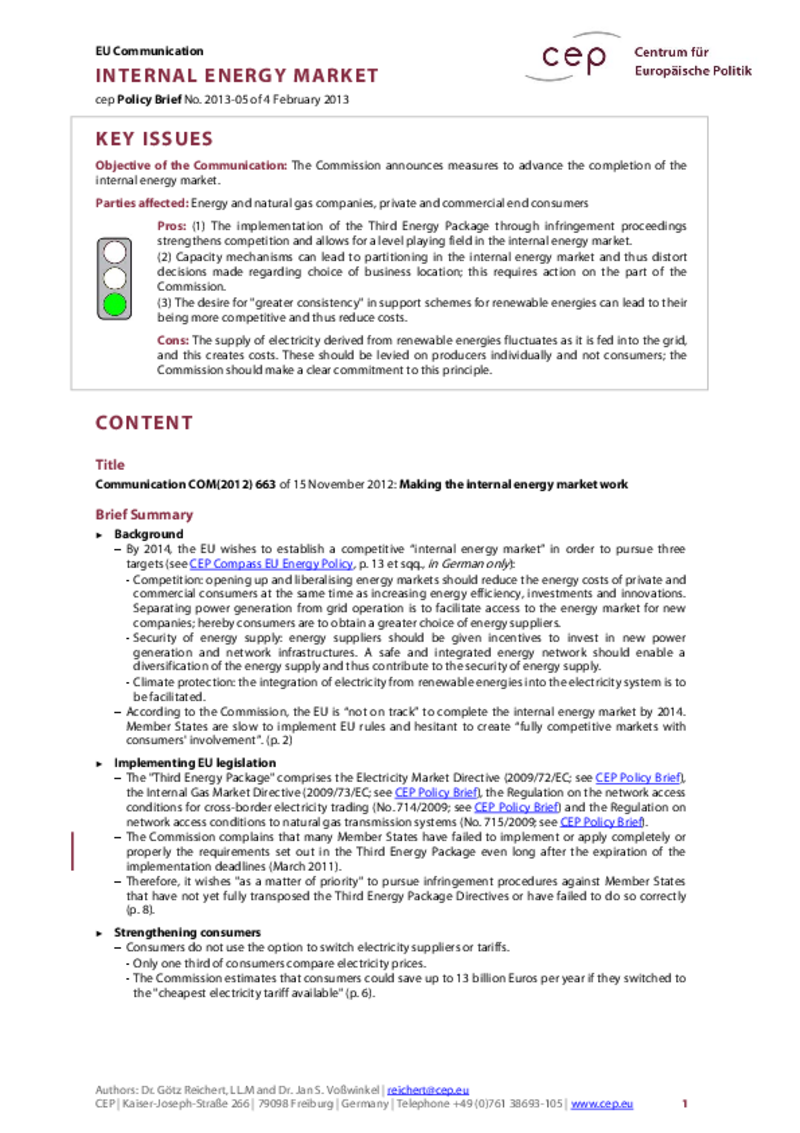 Internal Energy Market COM(2012) 663