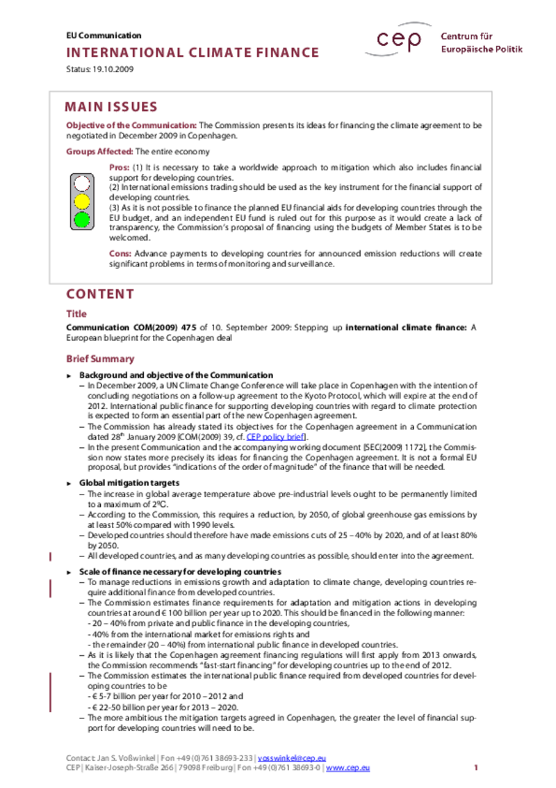 International Climate Finance COM(2009) 475