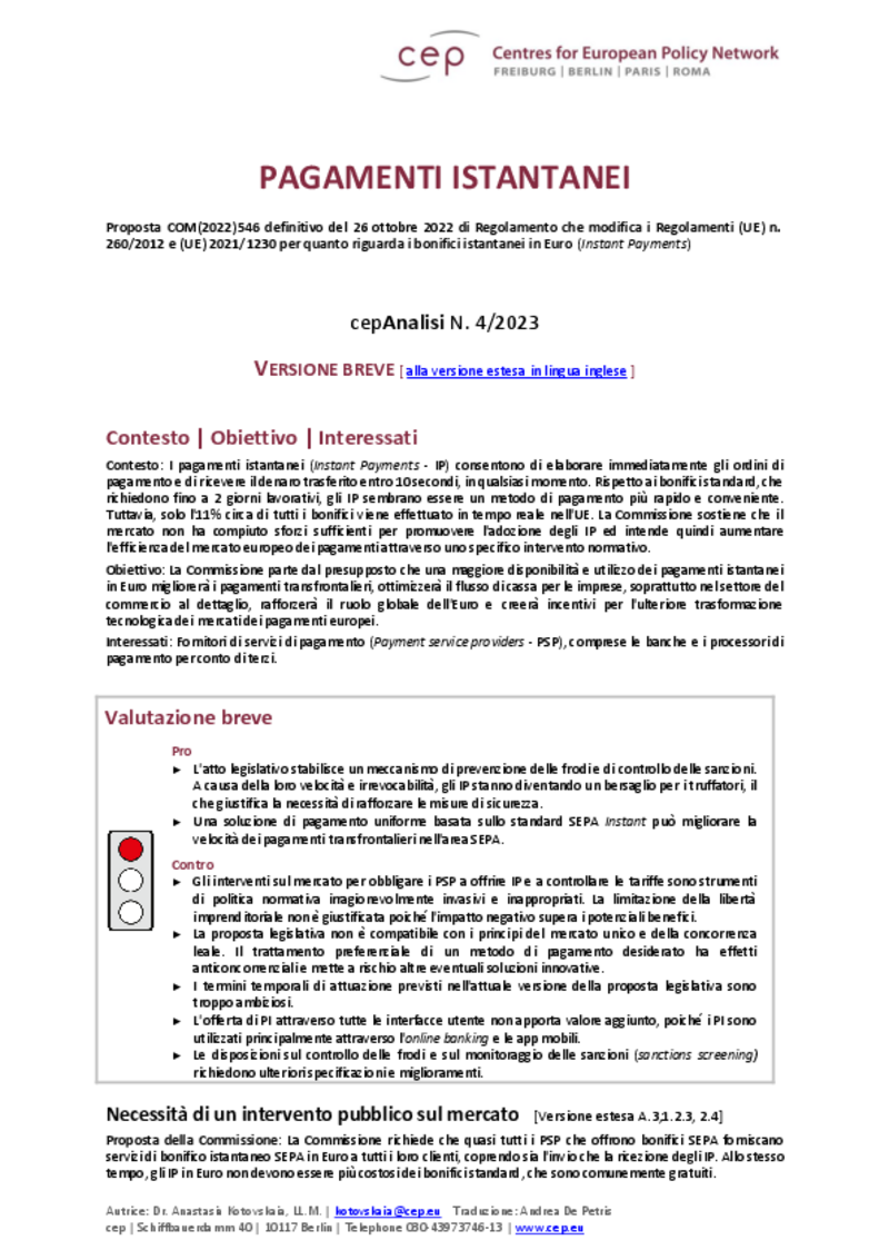 Pagamenti istantanei (cepAnalisi del COM(2022)546)