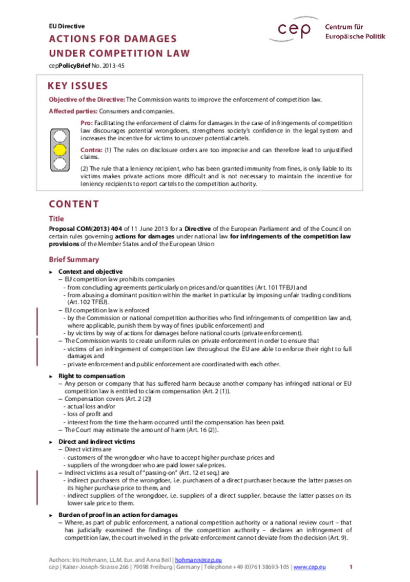 Actions for Damages under Competition Law COM(2013) 404
