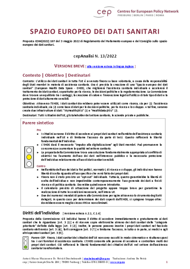 Spazio europeo dei dati sanitari (cepAnalisi del COM(2022)197)