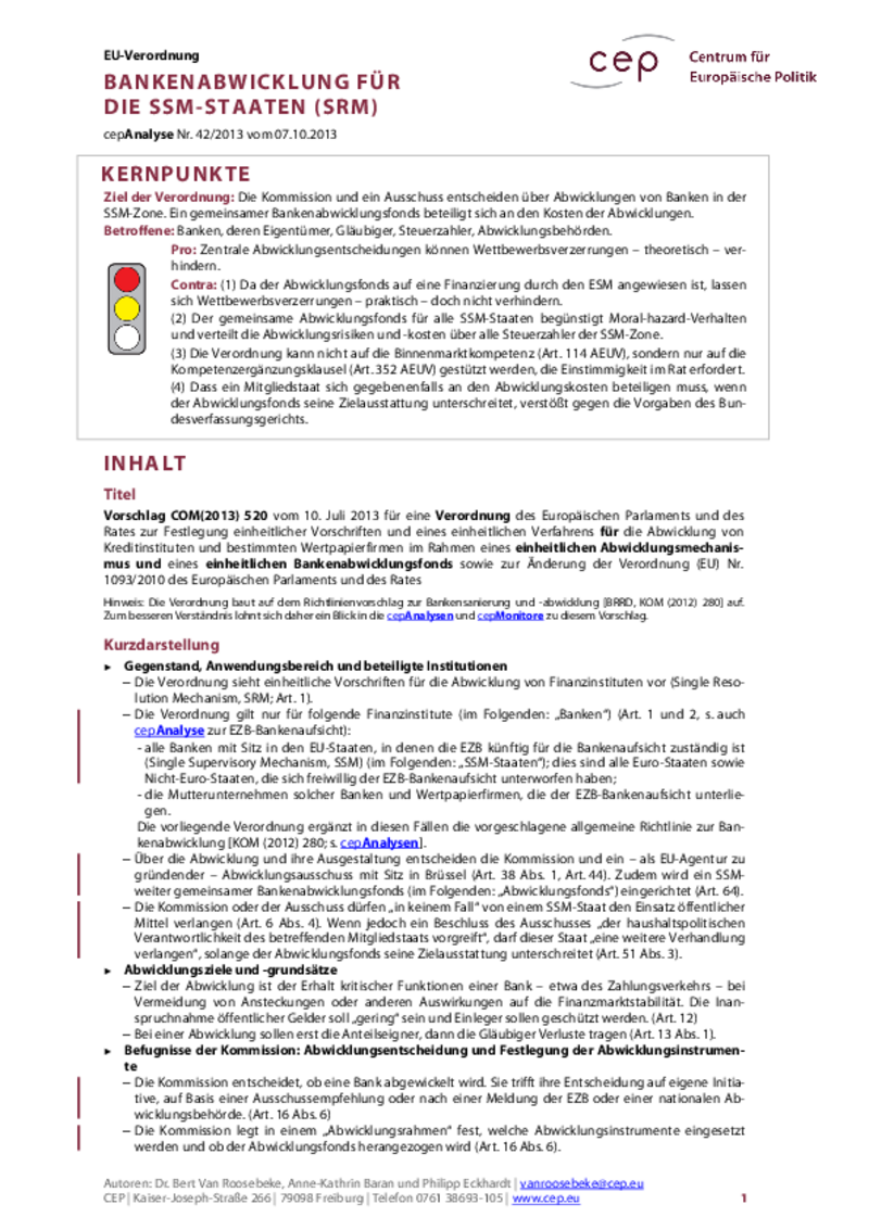 Bankenabwicklung für die SSM-Staaten COM(2013) 520