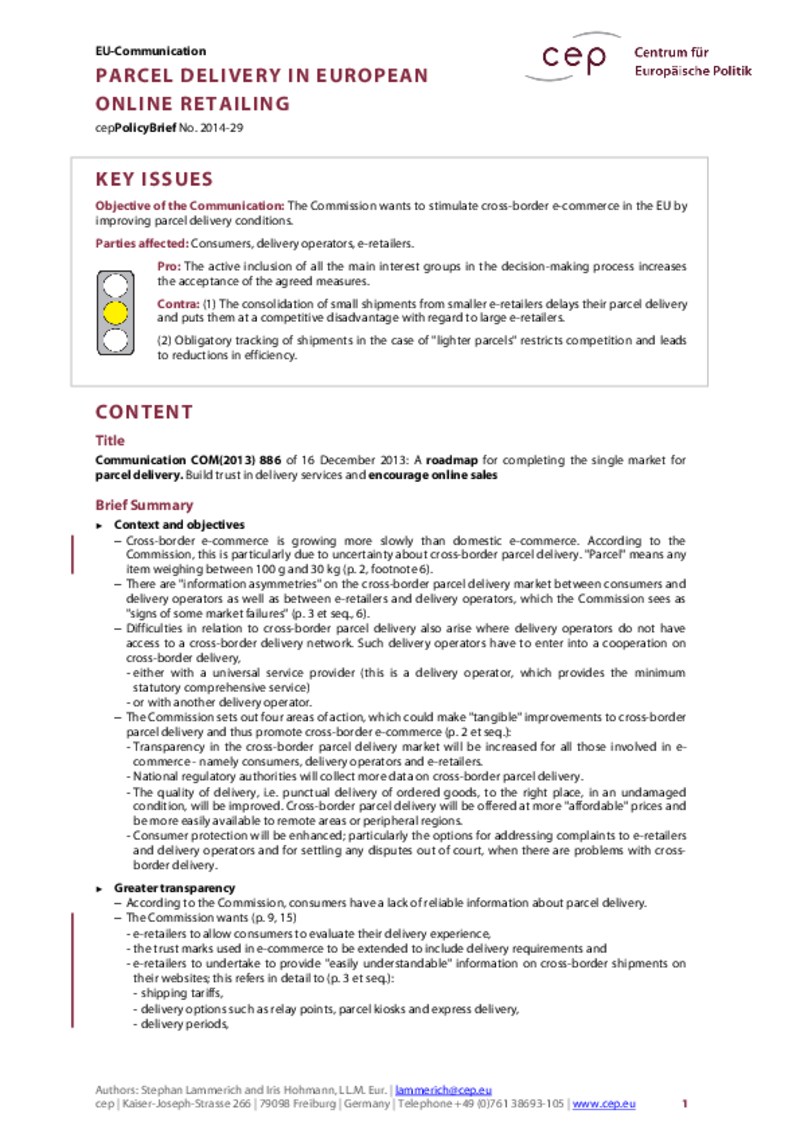 Parcel Delivery in European Online Retailing COM(2013) 886