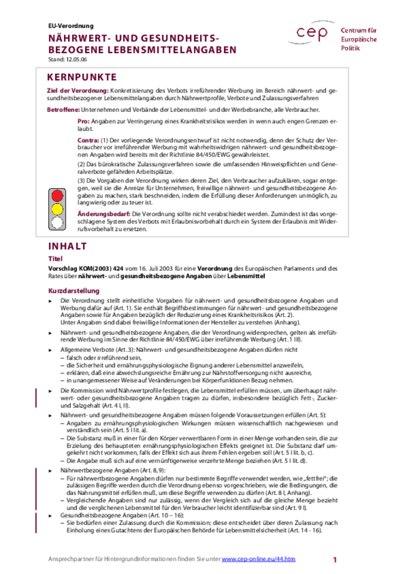 Nährwert- und gesundheitsbezogene Lebensmittelangaben KOM(2003) 424
