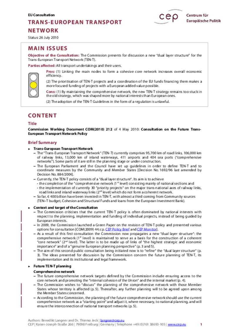 Trans-European Transport Network COM(2010) 212