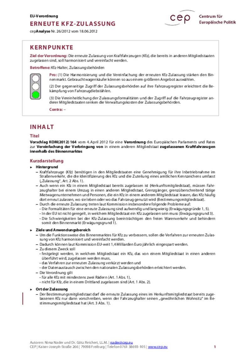 Erneute Kfz-Zulassung KOM(2012) 164