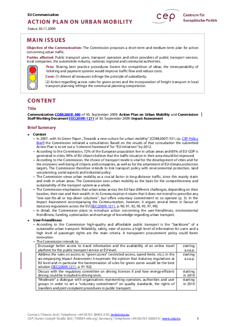 Urban Mobility COM(2009) 490