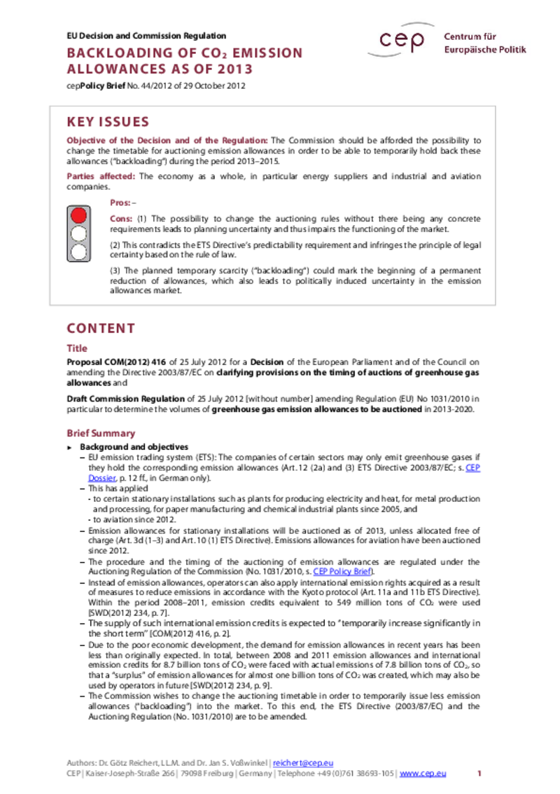 Backloading of CO2 Emission Allowances COM(2012) 416