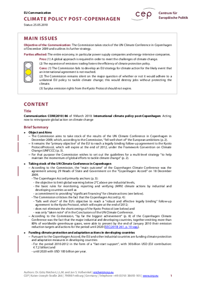 Climate Policy post-Copenhagen COM(2010) 86