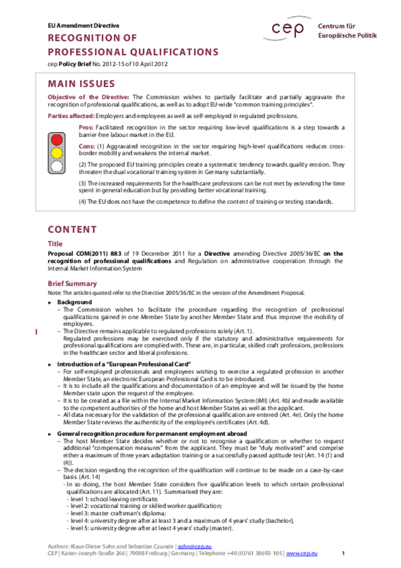 Recognition of Professional Qualification COM(2011) 883