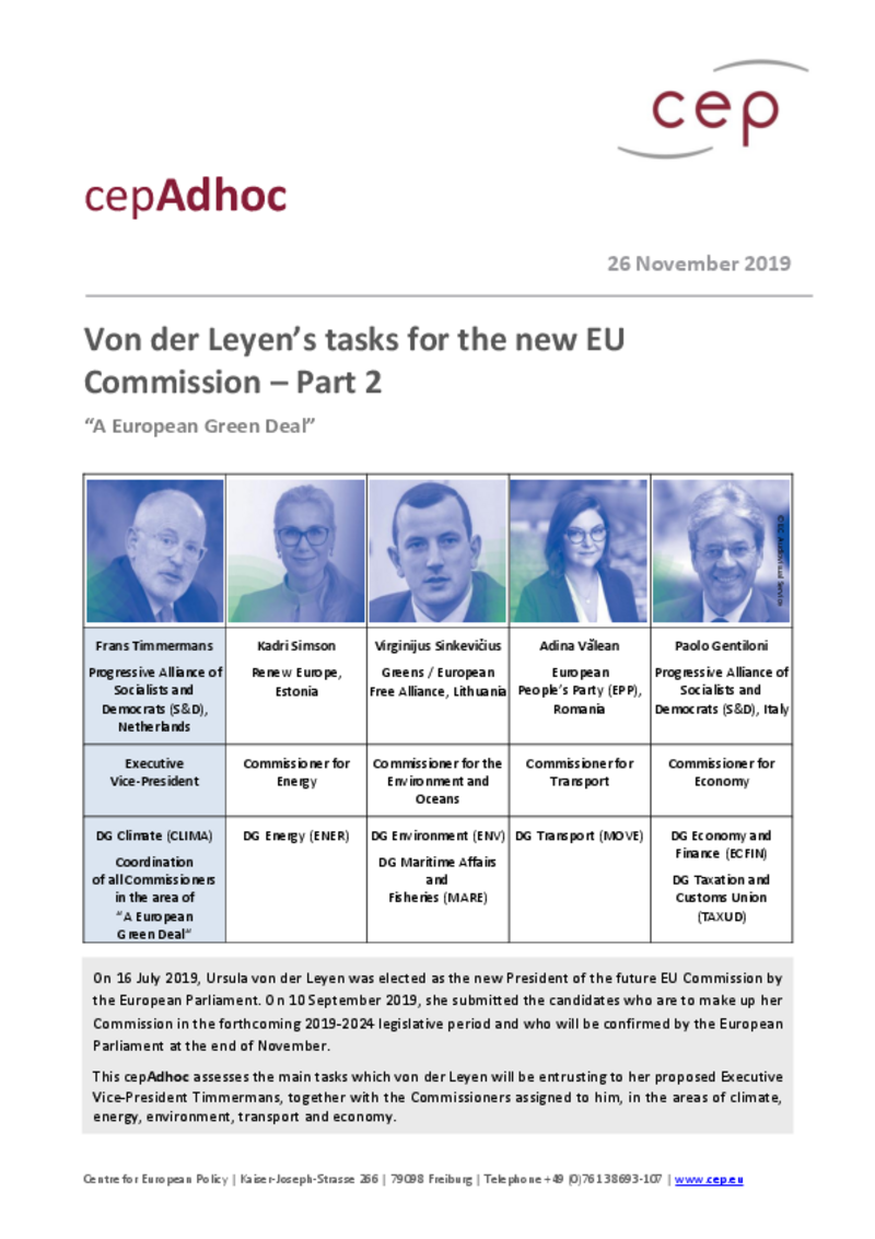 A European Green Deal: Von der Leyen’s tasks for the new EU Commission – Part 2 (cepAdhoc)
