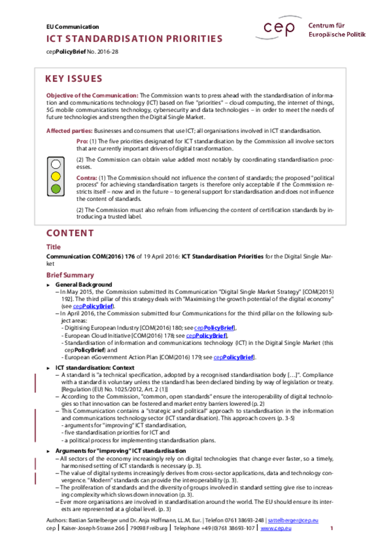 ICT Standardisation Priorities COM (2016)176