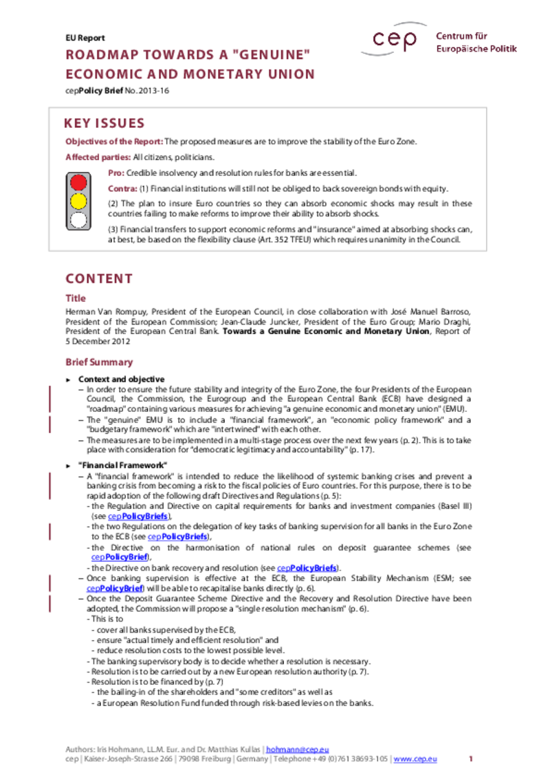 Roadmap towards a "Genuine" Economic and Monetary Union