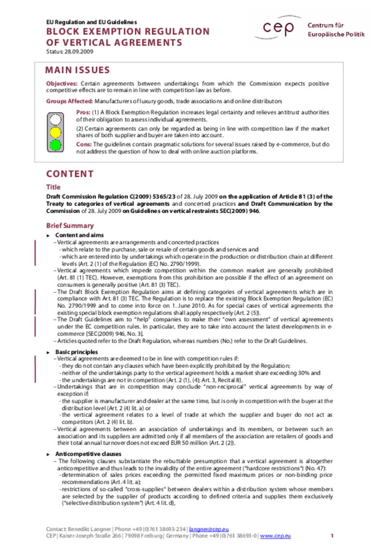 Block Exemption Regulation of Vertical Agreements