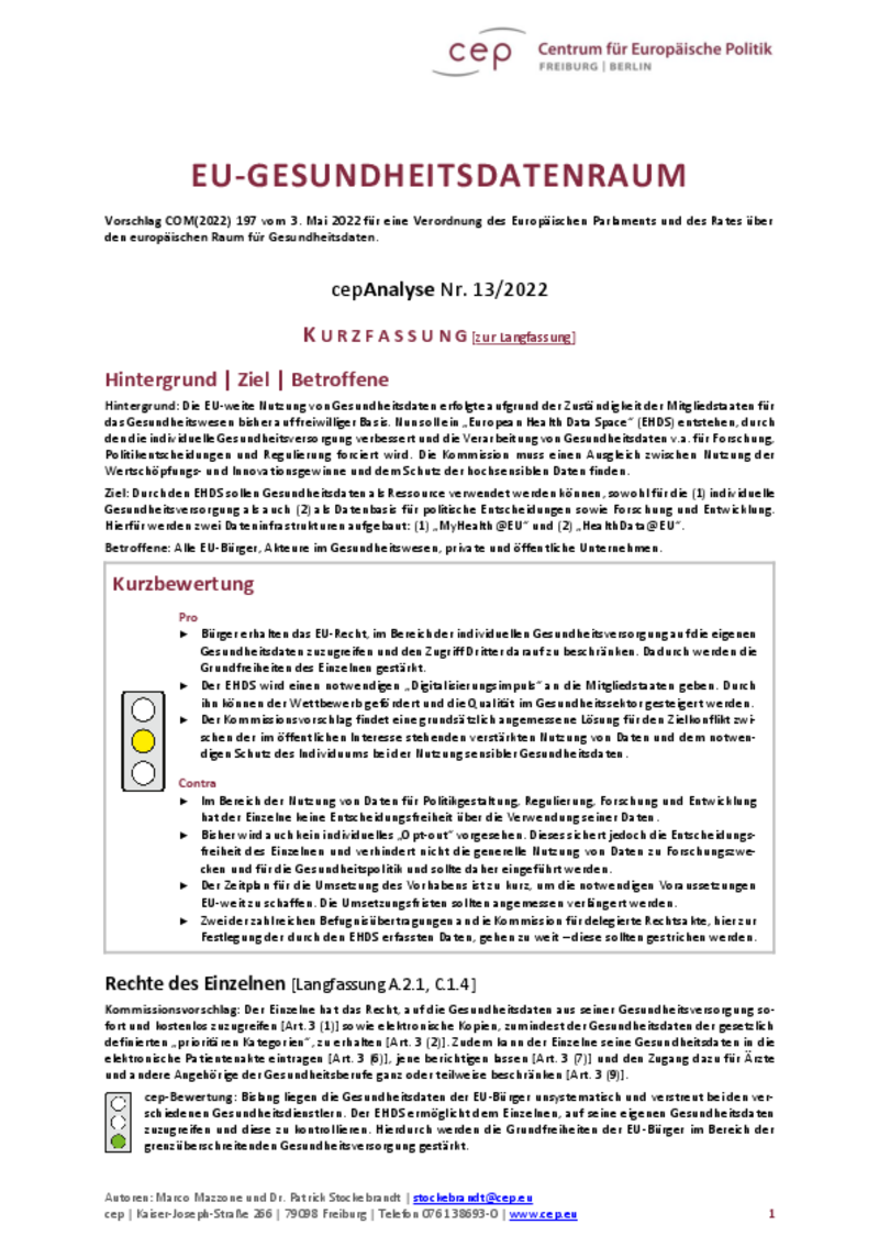 EU-Gesundheitsdatenraum (cepAnalyse zu COM(2022) 197) Kurzfassung