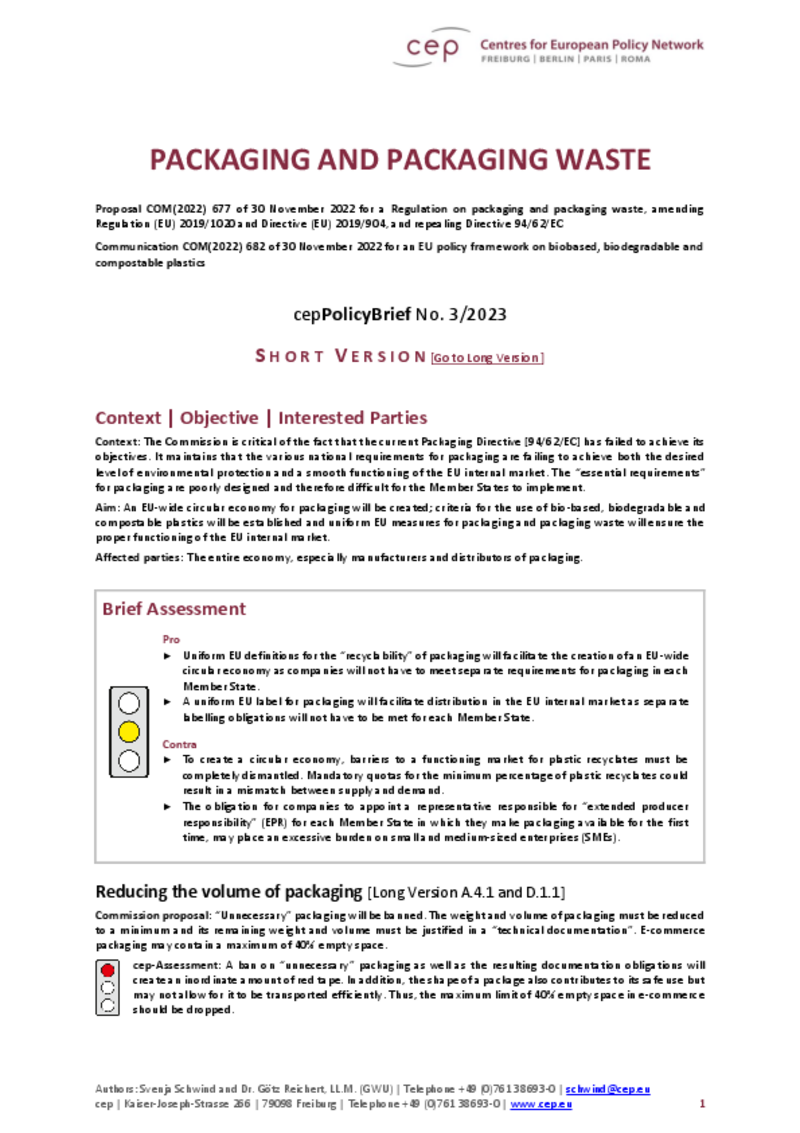 Packaging and Packaging Waste (cepPolicyBrief COM(2022) 677) Short Version