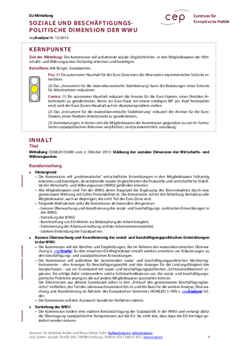 Soziale und beschäftigungspolitische Dimension der Wirtschafts- und Währungsunion COM(2013) 690