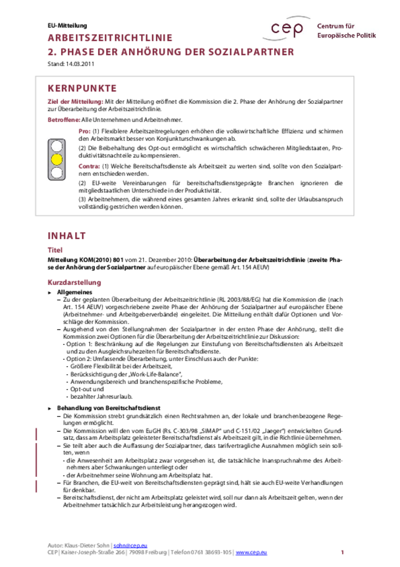 2. Phase der Anhörung der Sozialpartner KOM(2010) 801