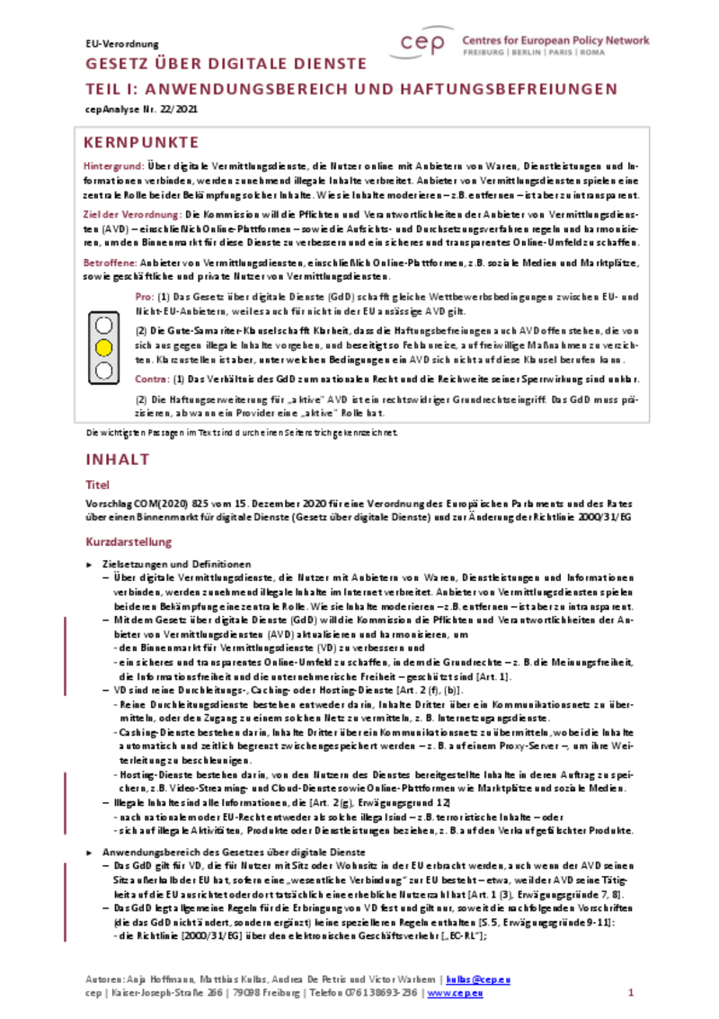 Gesetz über digitale Dienste Teil I: Anwendungsbereich und Haftungsbefreiungen (cepAnalyse zu COM2020 825)
