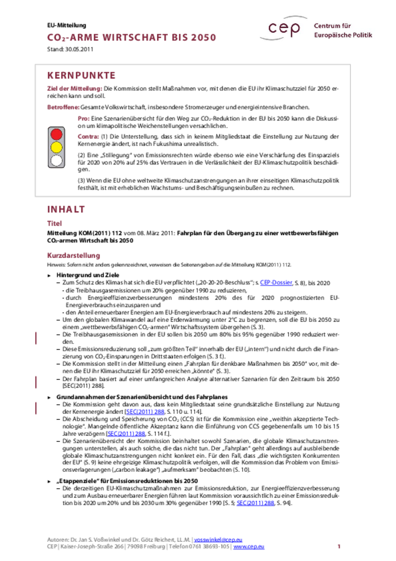 CO2-arme Wirtschaft bis 2050 KOM(2011) 112