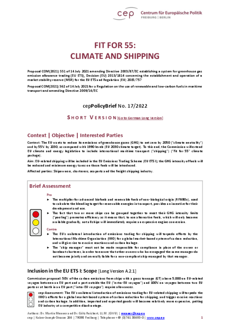 Fit for 55: Climate and Shipping (cepPolicyBrief)