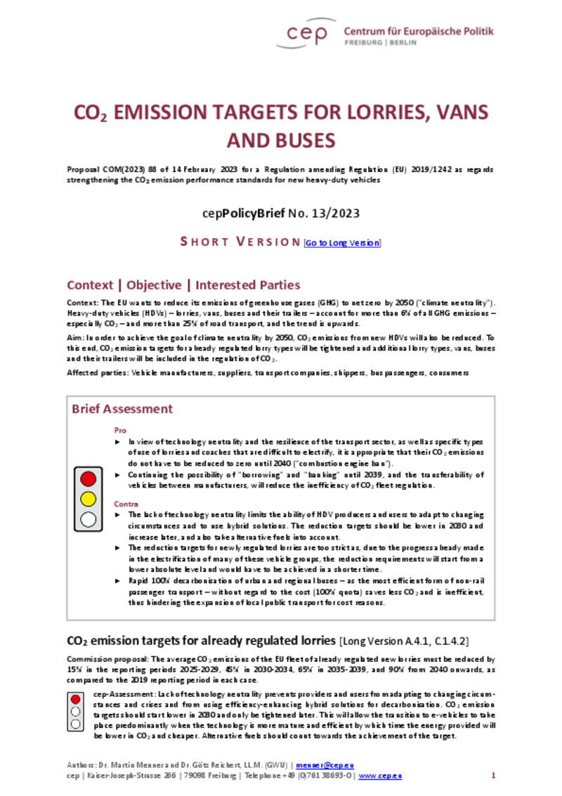 CO2 Emission Targets for Lorries, Vans and Buses (cepPolicyBrief) Short Version
