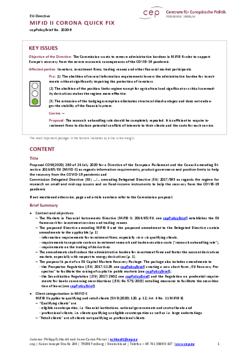 MiFID II Corona Quick Fix (cepPolicyBrief)