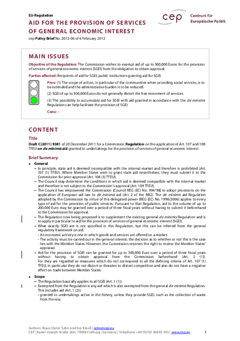 Aid for the Provision of Services of General Economic Interest
