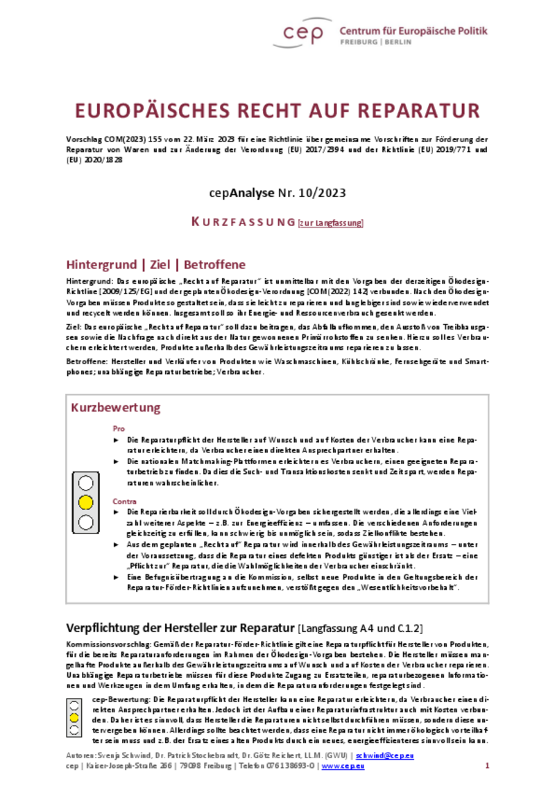 Europäisches Recht auf Reparatur (cepAnalyse Kurzfassung)