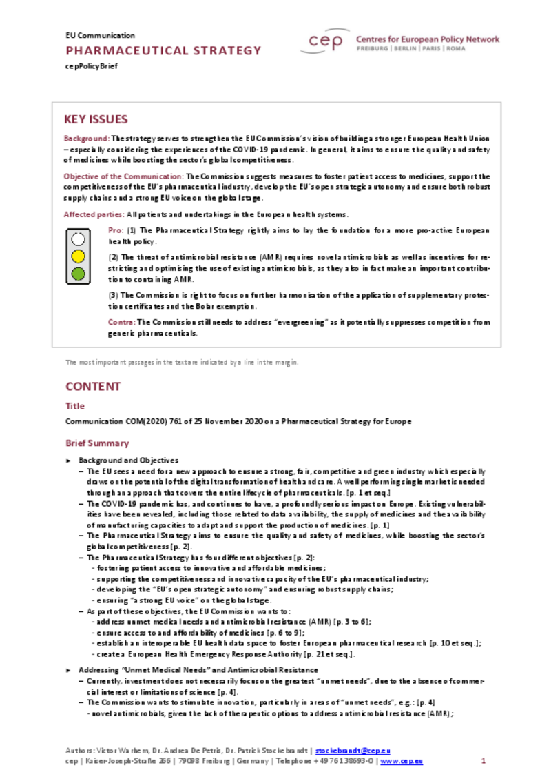 Pharmaceutical Strategy for Europe (cepPolicyBrief COM2020_761)