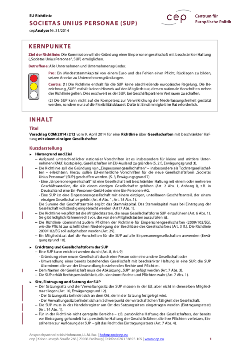 Societas Unius Personae (SUP) COM(2014) 212
