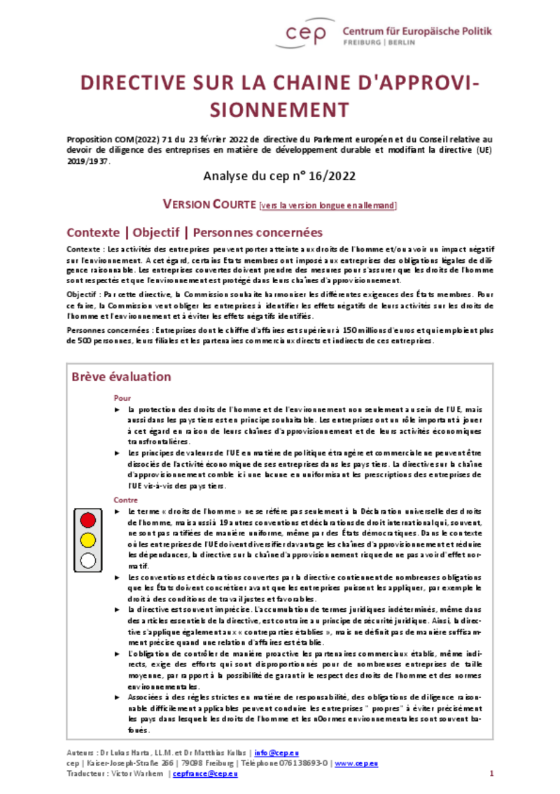 Le cep Berlin/Fribourg dissèque le projet de loi sur les chaînes d'approvisionnement