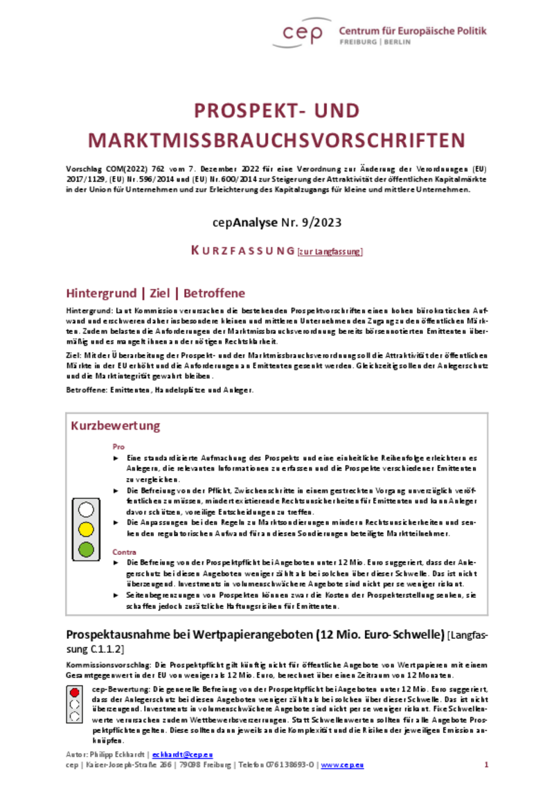 Prospekt- und Marktmissbrauchvorschriften cepAnalyse Kurzfassung