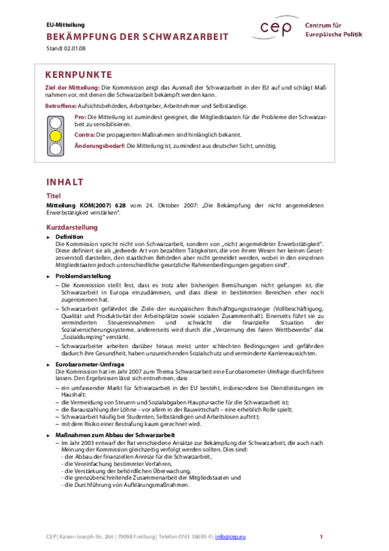 Bekämpfung der Schwarzarbeit KOM(2007) 628