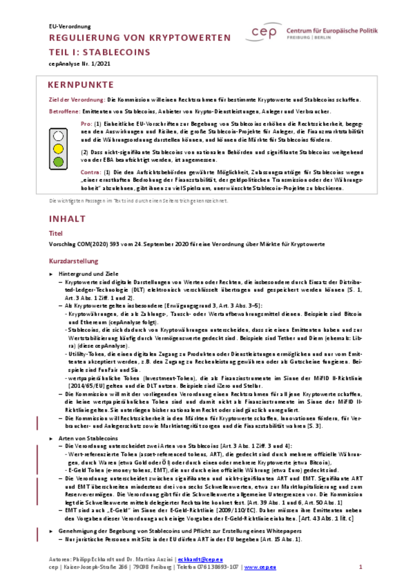 Regulierung von Kryptowerten – Teil I: Stablecoins (cepAnalyse zu COM_2020_593)