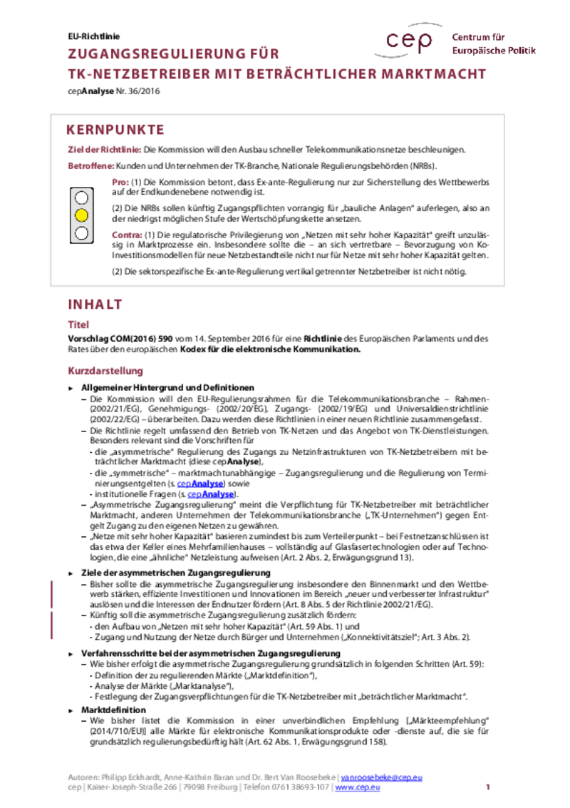 Zugangsregulierung für TK-Netzbetreiber mit beträchtlicher Marktmacht COM(2016) 590