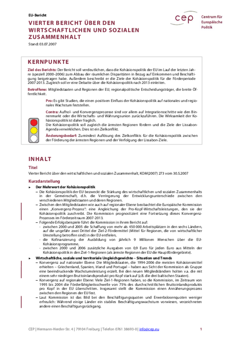 Vierter Bericht über den wirtschaftlichen und sozialen Zusammenhalt KOM(2007) 273