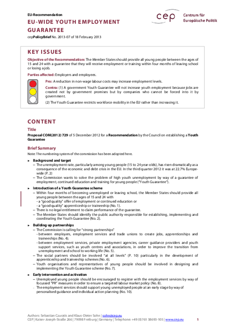 EU-wide Youth Employment Guarantee COM(2012) 729