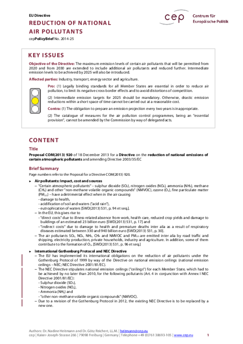 Reduction of National Air Pollutants COM(2013) 920