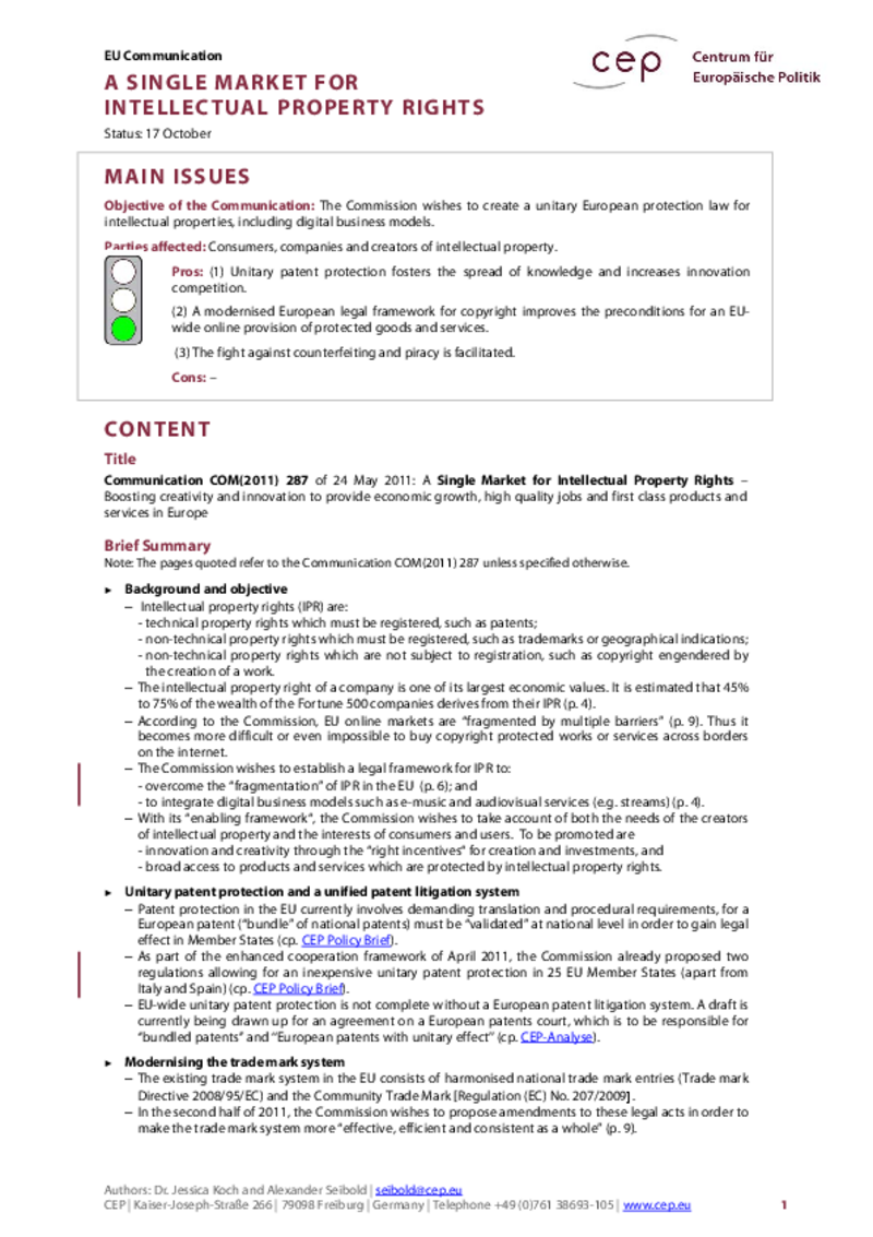 A Single Market for Intellectual Property Rights COM(2011) 287