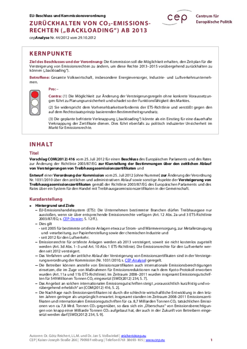 Backloading von CO2-Emissionsrechten COM(2012) 416