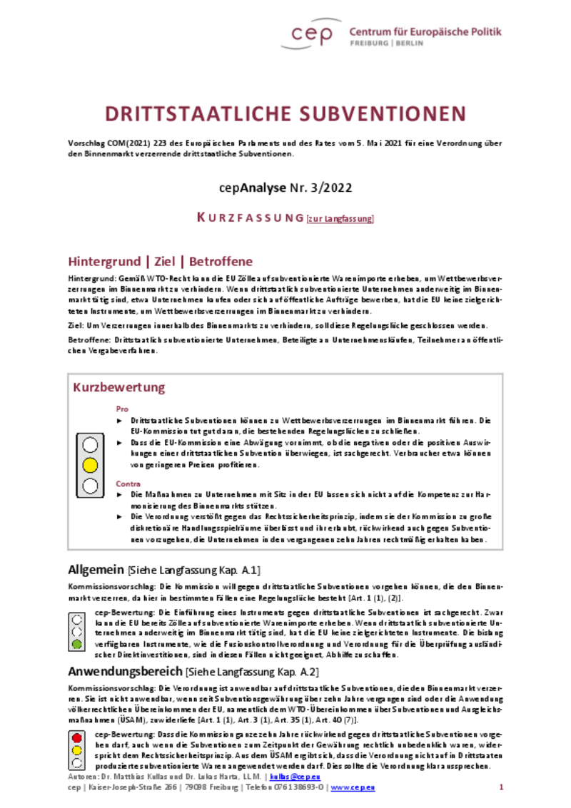 Drittstaatliche Subventionen Kurzfassung (cepAnalyse)
