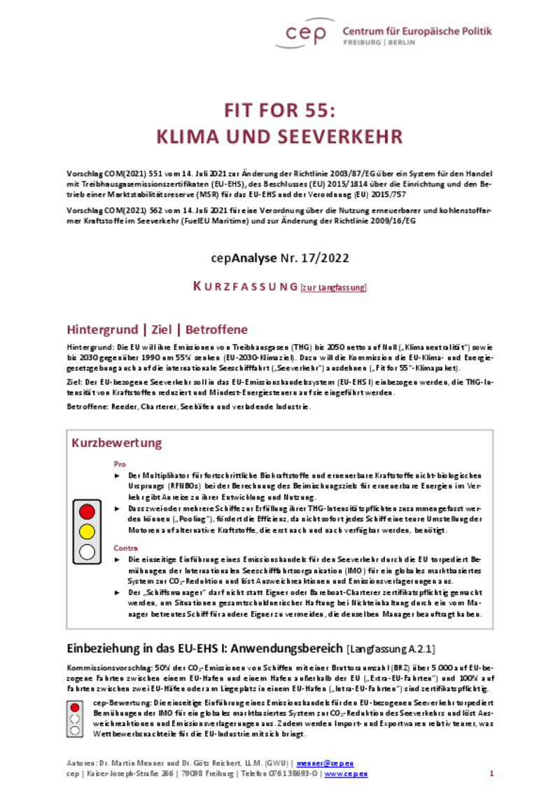 Fit for 55: Klima und Seeverkehr (cepAnalyse Kurzfassung)