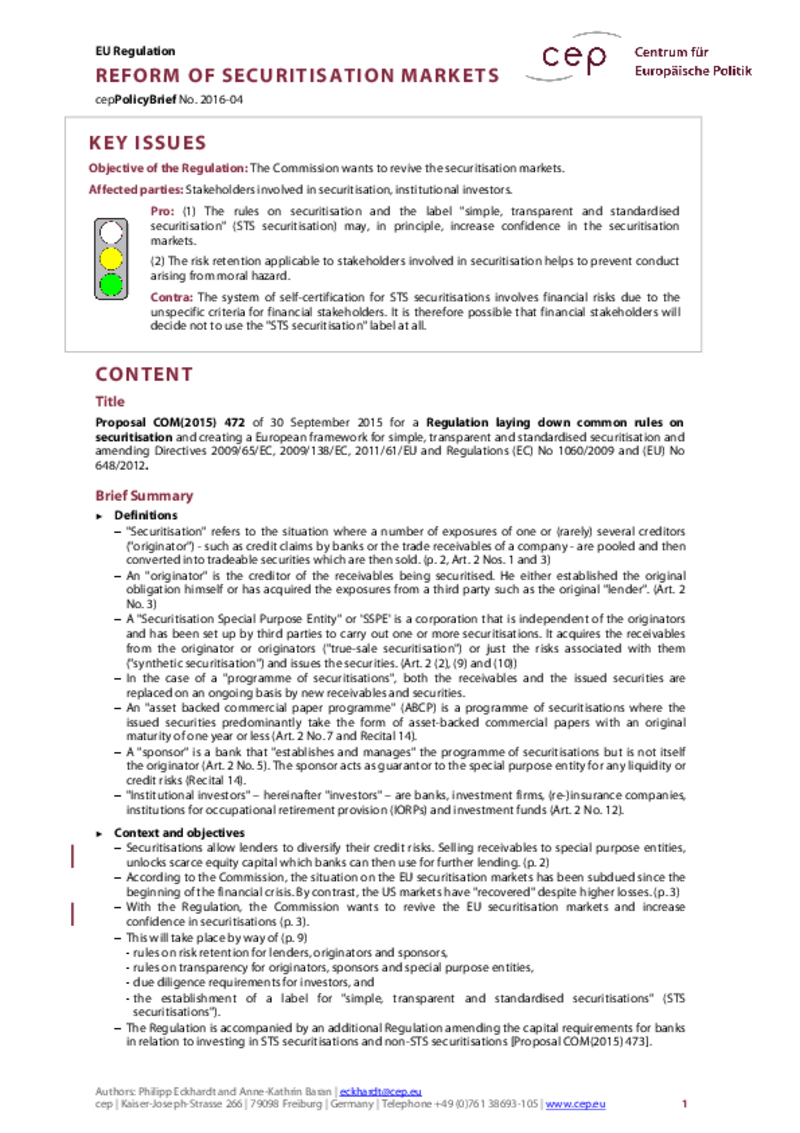 Reform of Securitisation Markets COM(2015) 472