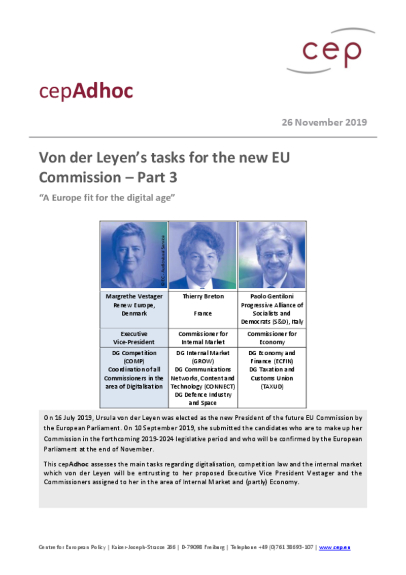 A Europe fit for the digital age: Von der Leyen’s tasks for the new EU Commission – Part 3 (cepAdhoc)