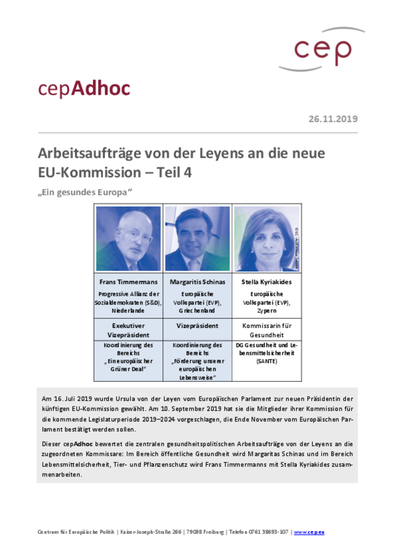 "Ein gesundes Europa": Arbeitsaufträge von der Leyens an die neue EU-Kommission – Teil 4 (cepAdhoc)