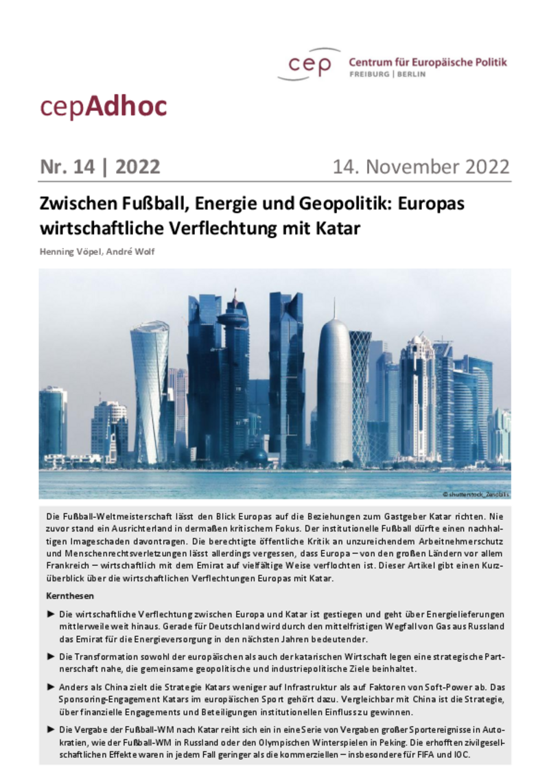 Zwischen Fußball, Energie und Geopolitik: Europas wirtschaftliche Verflechtung mit Katar (cepAdhoc)