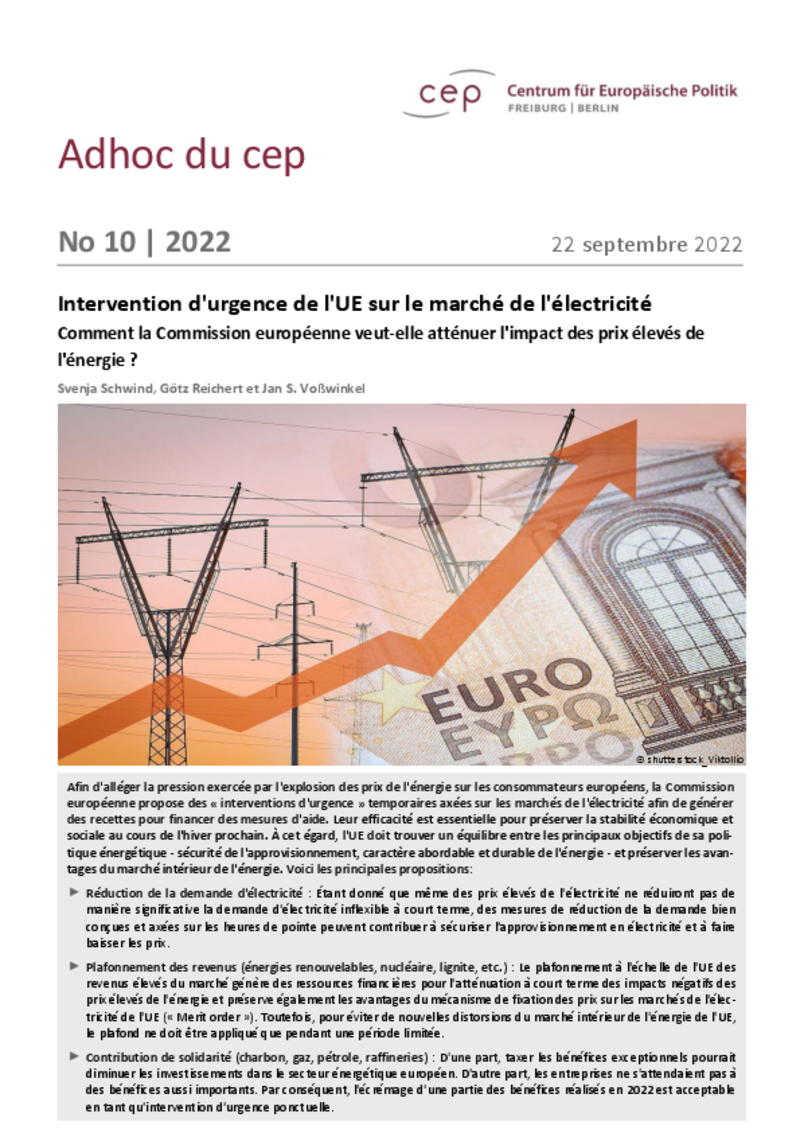 Crise énergétique : le cep Fribourg/Berlin appelle à une intervention rapide mais temporaire sur le marché de l'électricité