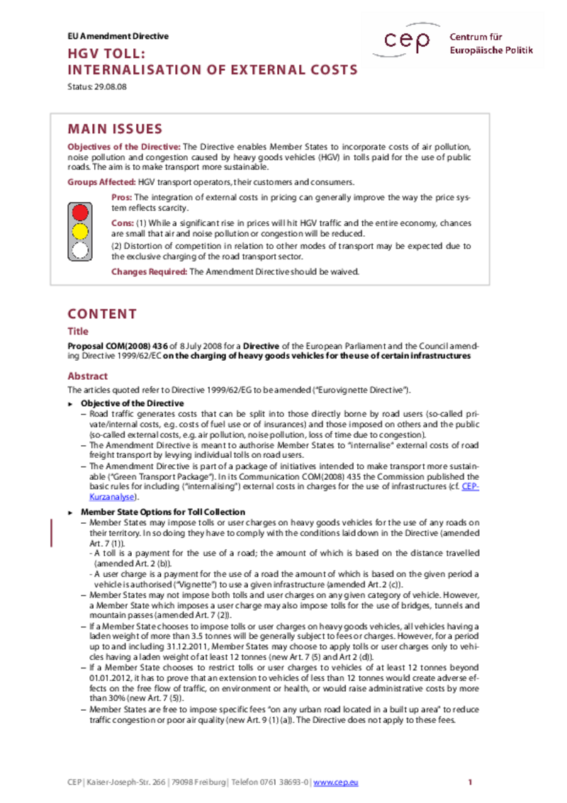 HGV Toll: Internalisation of External Costs COM(2008) 436